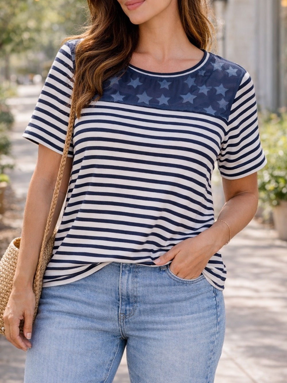Gerry Weber Stars & Stripes Tee XXL Navy White Striped Top Sheer Star Shirt